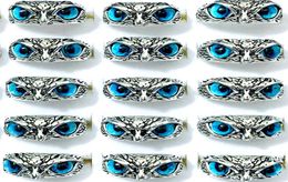 Bulk lots 30pcs blue eye owl vintage rings retro punk gothic rock women men cool biker party gifts jewelry5042309