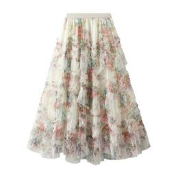 Skirts Korean Fashion Flower Long Skirt Womens 2024 Spring/Summer Elegant Grassland Kimidi Skirt High Waist A-Line sheer Tutu SkirtL2405