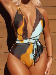 Women's Swimwear 2024 One Piece Swimsuit Tie Dye Print Sexy Deep-V Neck Bikini Monokini High Waist Suspeder Lace-up Backless