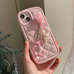 Cell Phone Cases Korean INS Cute Pink Tassel bow Pendant Soft Case For iPhone 15 14 13 12 11 Pro Max 14 15 Pro Stylish Shockproof Bumper Cover J240509