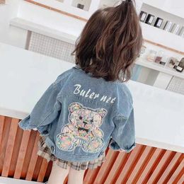 Jackets Beading Denim Jacket Bear For Girls Cartoon Coats Children Clothing Spring Baby Clothes Outerwear Jean Coat 2024