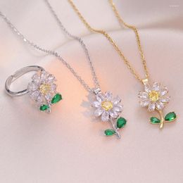 Necklace Earrings Set Cute Plant Sunflower Rings Pendants Stainless Steel Chains Necklaces For Women White Green Zircon Bride