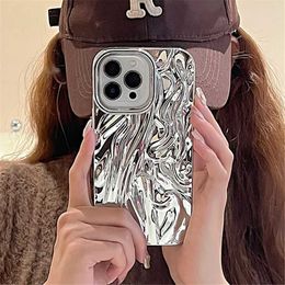 Cell Phone Cases 3D Electroplated Silver Wrinkles Pleated Pattern Phone Case For iPhone 14 13 12 11 Pro Max 15 Pro Max Soft Shockproof Back Cover J240509