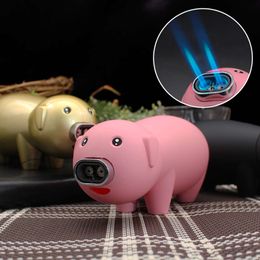 Ft Creative Metal Plastic Piglet Decorations Double Flame Direct Spray Windproof Lighter Fire Lock Gift Box Wholesale