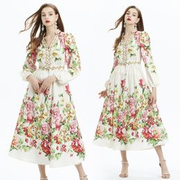 Designer V-neck Long Sleeved Floral Maxi Dress For Ladies Retro Print Button Down Shirt Dresses Elegant A-Line Waist Women Casual Party Beach Resort Robes Clothes 2024