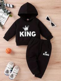 Clothing Sets Spring And Autumn Cute Boys KING Letter Printed Hooded Yellow Crown Zen Training Sweater Set