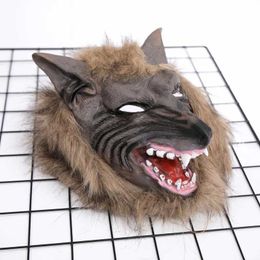 Party Masks Halloween latex rubber wolf head hair mask werewolf gloves costume party horror decoration makeup props Q240508