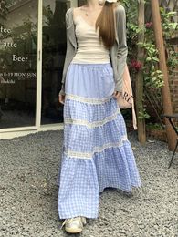 Skirts Korean Sweet Blue Plaid High Waist Mori Girl Style Y2k Lace Patchwork Long Length A-line Women Skirt Preppy Loose