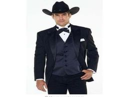 JakcetPantsVest Notch Lapel Western Cowboy Style mens suit black Groom Wear Tuxedos Man Wedding Suits For men YM9181454