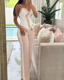 Women's Two Piece Pants Double Breasted Chain Strap Cami Top & Straight Leg Set Summer Y2k Vintage Boho High Waist Loose Work Suit