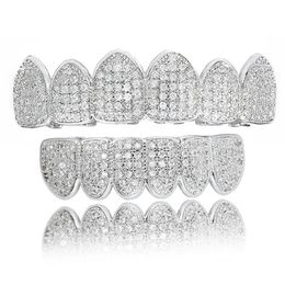 Hip Hop Cubic Zircon Teeth Top Bottom Grills Dental Mouth Punk Tooth Caps Cosplay Rapper Jewellery 240426