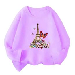 T-shirts Fashionable Eiffel Tower Printed Girls T-shirt Spring and Autumn Cotton Top T-shirt Casual Long sleeved Cute Basic T-shirtL240509