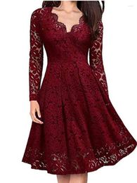 Casual Dresses Women Lace A-Line Dress Spring Autumn V Neck Long Sleeve Crochet Patchwork WineRed Slim Party JYFS-JY8858