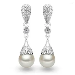 Dangle Earrings Fashion White Pearl Silver Colour Long Drop Round Bridal Party Wedding Jewellery For Women Brincos Pendientes