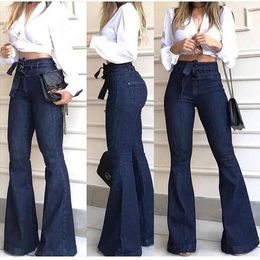 Women's Jeans High Waist Lace-up Bell Bottoms Wide Leg Pants Women Baggy Jean Denim Casual Blue For Woman Trousers Pantalon