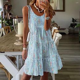 Casual Dresses 2024 Womens Floral Print Vest Dress Summer Sleeveless Round Neck Skirt Pleated Loose Short Elegant Girls Vestidos