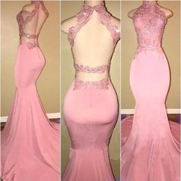New Pink Prom Dresses Mermaid High Collar Appliques Lace Backless Party Maxys Long Prom Gown Evening Dresses Robe De Soiree 3035
