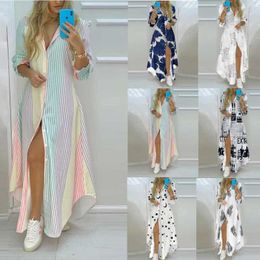 Basic Casual Dresses Two Piece Dress Bohemian womens printed long sleeved dress summer lapel long sleeved party dress womens casual evening dress vestL2405