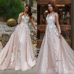 Wedding Dress Bridal Gowns Sheer Long Sleeves V Neck Embellished Lace Embroidered Romantic Princess Blush A Line Beach 0509