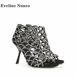 Dress Shoes Rhinestone Hollow Out Mesh Sandals Peep Toe Stiletto Cover Heel Black Women Heels Large Size Zip Sexy Party 2024 Trend