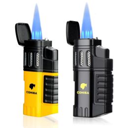 Accessories COHIBA Cigar 4 Torch Lighter Windproof Spray Flame Inflatable Visible Window Smoking Accessories Portable Gas Lighter Men's Gift