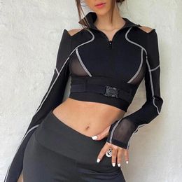 Women's T Shirts Techwear Biker Wear Mesh T-shirt Black Goth Woman 's Buckle Cropped Top Sexy Stripe Long Sleeve Autumn Winter Tee