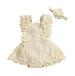 Lace Flower Princess Baby Girls Clothes For Party Kids Romper Drss Summer Outfits Ruffle Sleeveless Bodysuit with Headband