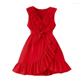 Girl Dresses Pudcoco Baby Girls Sleeveless Dress Solid Colour V Neck Summer Wrap Ruffle With Belt For Beach Party Cute Clothes 4-7T