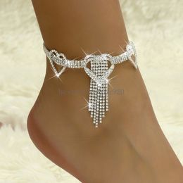 Luxury Rhinestone Tassel Chain Anklets Women Crystal Heart Ankle Bracelet On Leg Wedding Party Jewellery Foot Accessories