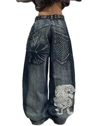 Jeans larghi gotici y2k per donne hip hop streetwear jeans blu donne grafiche jeans retrò pantaloni anni '90