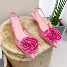 Dress Shoes Flower Designer Sandals Women Elegant Satin Mule Summer Pointed Toe Pumps Low Heel Flowers Slingback Female