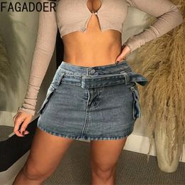 Skirts FAGADOER Dark Blue Fashion Pocket Cargo Denim Women High Waisted Belt Skinny Mini Summer Cowboy Bottoms 2024