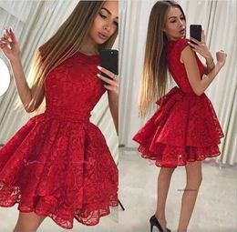 Sexy Elegant Red Lace A Line Homecoming Layered High Low Bow Sash Short Prom tail Dresses Party Dress Robe De Mariee 0509