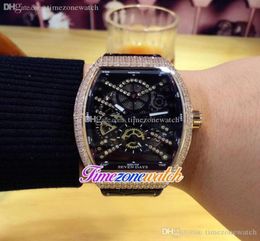 New YachTing 44mm Automatic Mens Watch Rose Gold Diamond Bezel Black Inner Skeleton Dial Black Leather Rubber Watches Timezonewatc5423442
