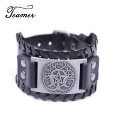 Charm Bracelets Teamer Brand Easy Buckle Wide Leather Tree Of Life Triple Moon Goddess Bracelet Pentagram Wiccan Amulet MTeen Bang1510802