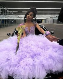 Lilac Lavender Sparkly Mermaid Prom Ceremony Party Dresses for Black Girl 2024 Luxury Diamond Crystal Ruffles Evening Gala Gown