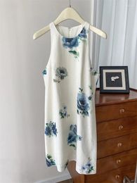 Casual Dresses Ladies O-Neck Sleeveless Linen Elegant Temperament Robe Summer 2024 Women's Floral Printed Mini Dress