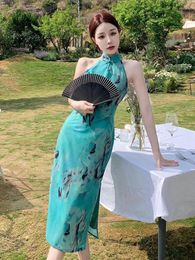 Casual Dresses Vintage Green Print Lady Chinese Cheongsam Evening Dress Summer Sleeveless Elegant Off Shoulder Slim Sexy Club Midi Women