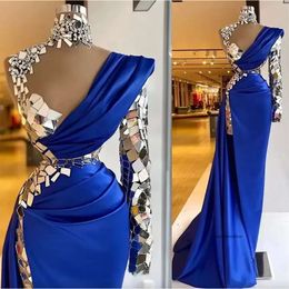 Royal Blue Beaded Crystal African Dresses Luxurious Aso Ebi Mermaid Prom Dress One Long Sleeve Formal Evening Party Gowns Split Floor Length 0509