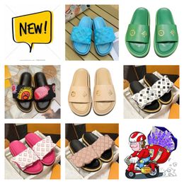 Designer Women high quality Slippers POOL PILLOW Mules Rubber Bottom Width Slides Hook Loop Fastener Leather Luxury Slide printed mens Slide