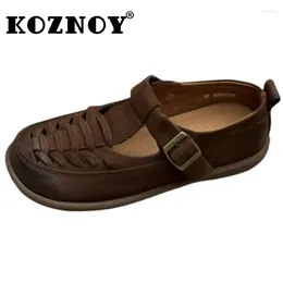 Sandals Koznoy 2.5cm Sandas Weave Suede Genuine Leather Oxfords Rubber Women Boots Comfy Hollow Ankle Hook Flats Breathable Summer Shoes