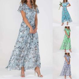 Casual Dresses Women's Swing Long Dress Chiffon Floral Short Sleeve Ruffle V Neck Fashion Waist Flowy Elegant For Women 2024