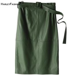 Модные зимние женщины роскошная кожаная юбка PU High Street Green Khaki Black Sheap Подлинный кожаный штрих прямая юбка LJ4521143