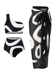 Women's Swimwear Black White Printed Split Swimsuit Two Piece Sexy One Shoulder Bikini 2024 Women High Waist Brazilian With Beach Cover Up