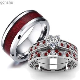 Couple Rings Fashion couple ring womens heart-shaped white crystal CZ ring set rosewood inlaid mens stainless steel ring wedding ring Jewellery gift WX