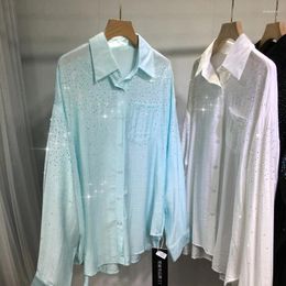 Women's Blouses Summer Cool Sunscreen Clothing Women Spring Loose Cardigans Top Mid-long Shiny Drill Long Sleeve Beads Casual Shirt