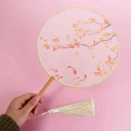Chinese Style Products Chinese Round Hand Fan Vintage Printing Silk Fan Ancient Tassel Dance Hand Fan Cheongsam Tang Suit Wedding Party Accessories