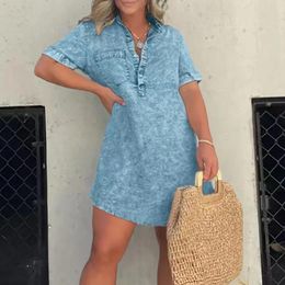 Casual Dresses Vintage Faux Denim Mini Women Short Sleeve Pocket Lapel Shirt Dress In Summer Buttons Beach Tunic Robe