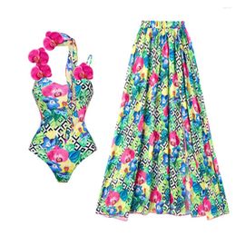 Women's Swimwear 2024 3D Orchid Print Ribbon One Piece Swimsuit And Sarong Summer Women Beachwear Bathing Suit With Pareo