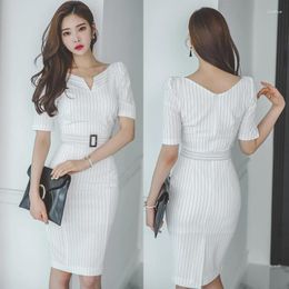 Party Dresses Summer Striped White For Women 2024 Korean Fashion Sexy Backless V-Neck Wrap Dress Midi Bodycon Office With Belt